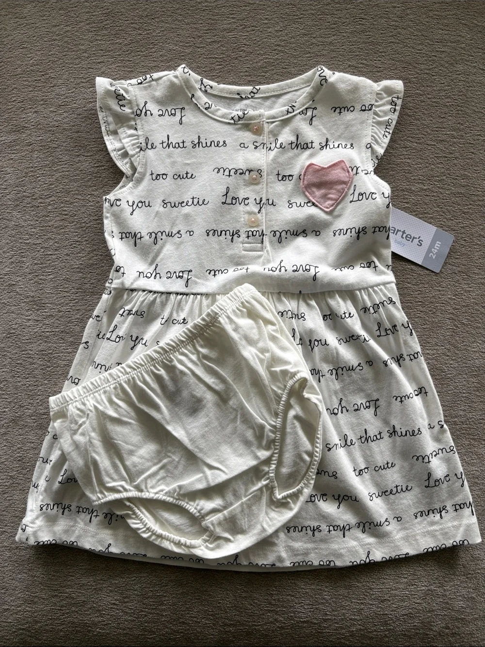 Carter’s Baby Girl White Script “Sweet Words” Dress Pink Heart Pocket